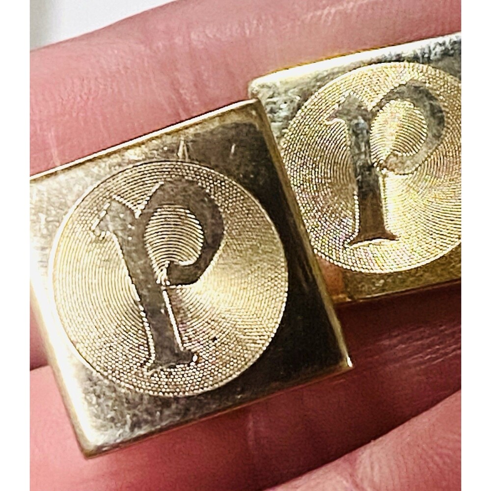 Vintage Initial P Monogram Cufflinks Gold Tone Engine Turned Square Bullet Back